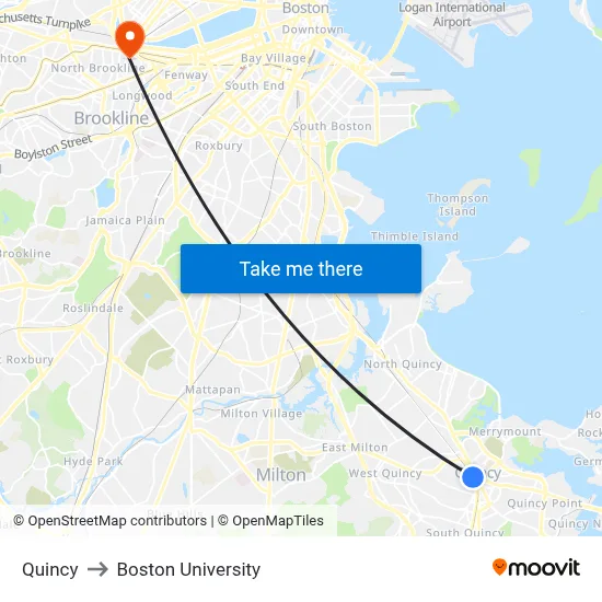 Quincy to Boston University map