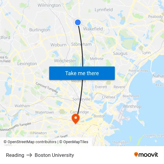 Reading to Boston University map