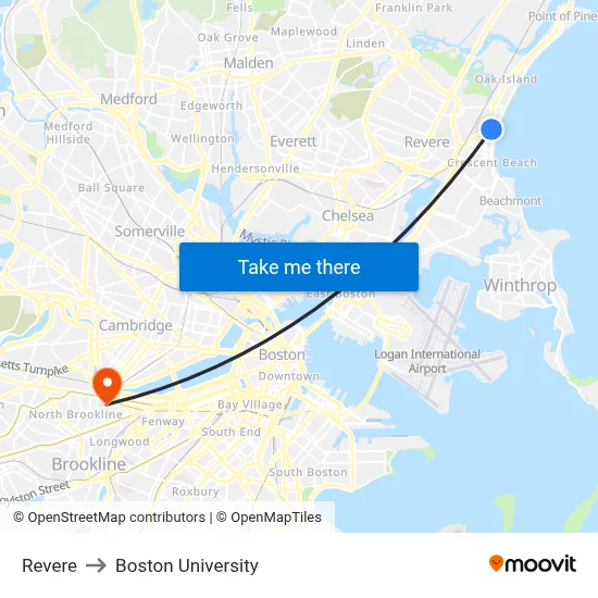 Revere to Boston University map