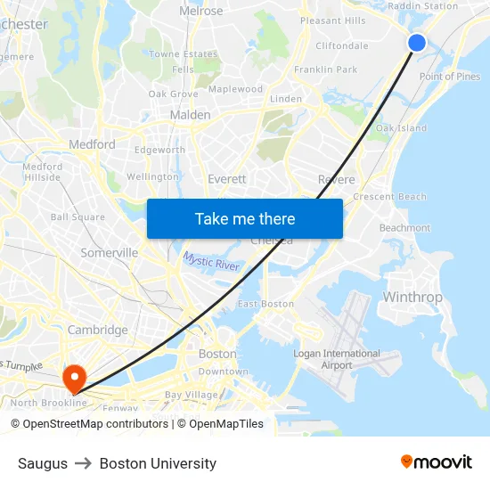 Saugus to Boston University map
