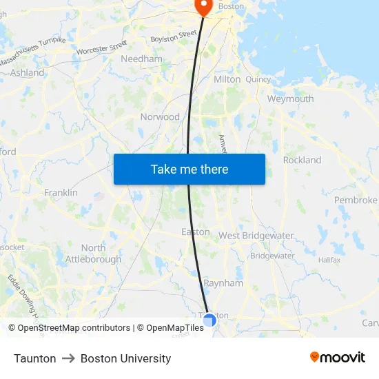 Taunton to Boston University map