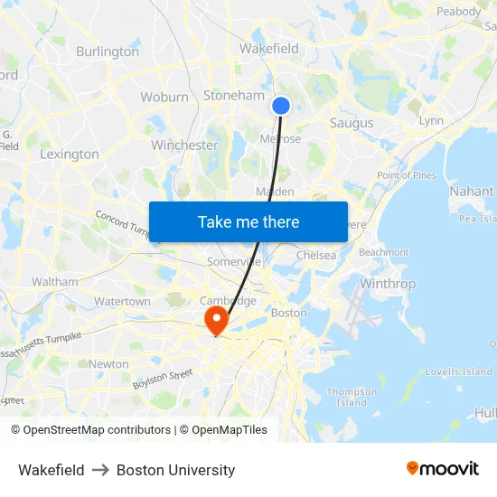 Wakefield to Boston University map