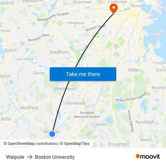 Walpole to Boston University map