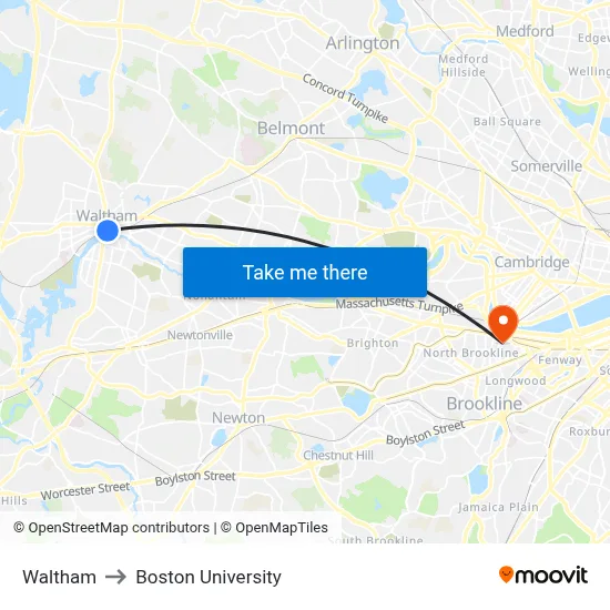 Waltham to Boston University map
