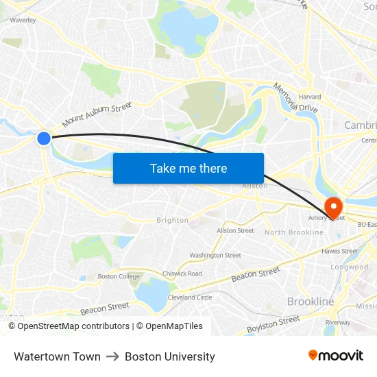 Watertown Town to Boston University map