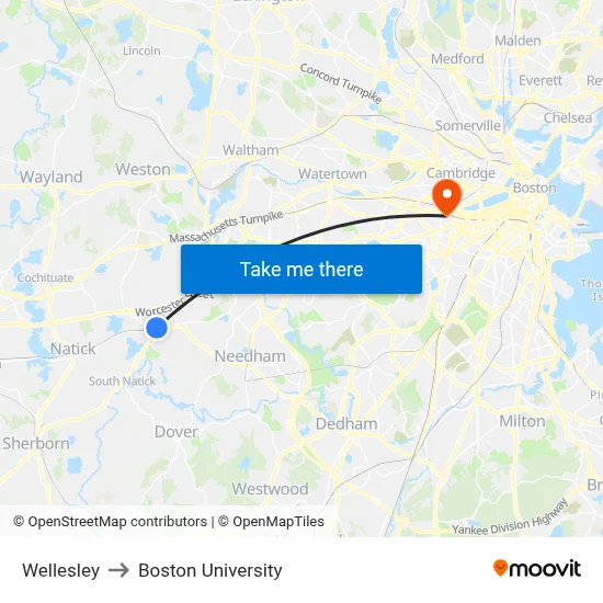 Wellesley to Boston University map