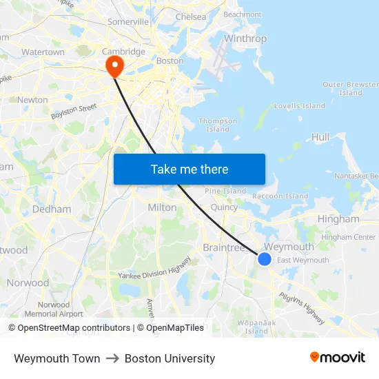 Weymouth Town to Boston University map