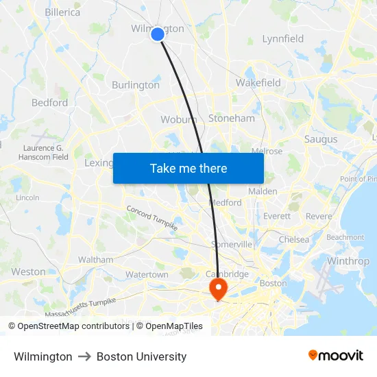 Wilmington to Boston University map