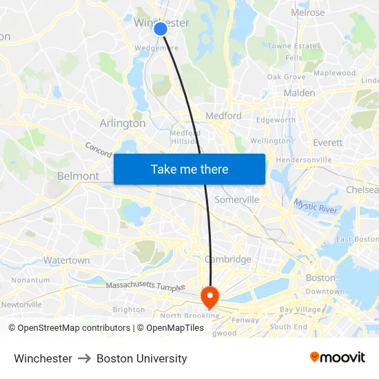 Winchester to Boston University map