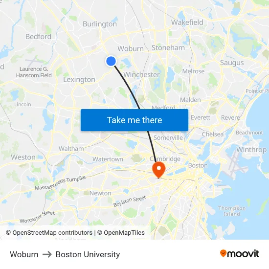 Woburn to Boston University map