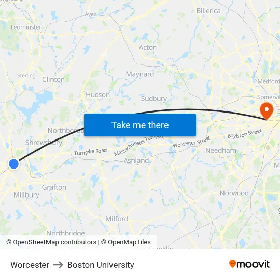 Worcester to Boston University map