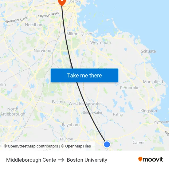 Middleborough Cente to Boston University map