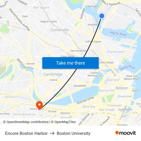 Encore Boston Harbor to Boston University map