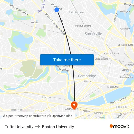 Tufts University to Boston University map