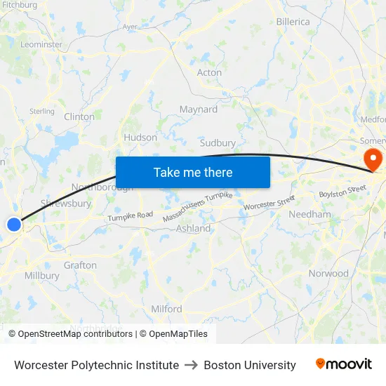 Worcester Polytechnic Institute to Boston University map