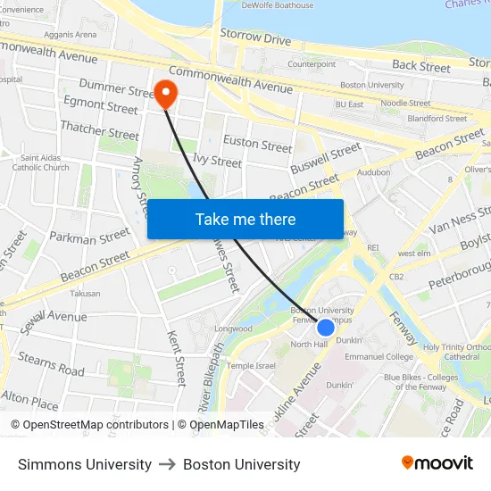 Simmons University to Boston University map