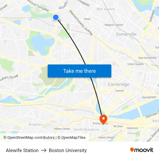 Alewife Station to Boston University map