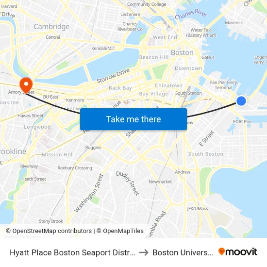 Hyatt Place Boston Seaport District to Boston University map