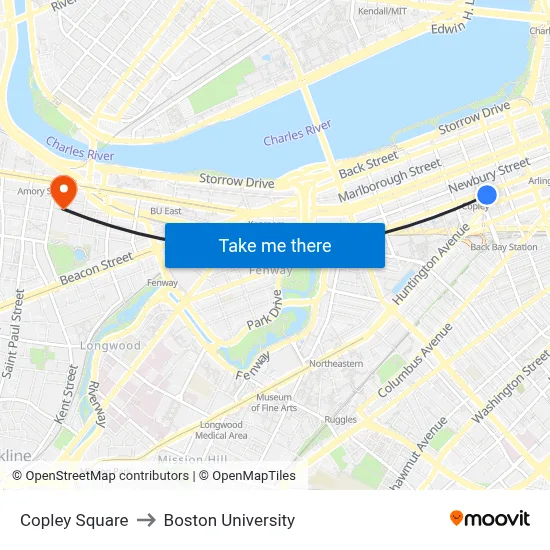 Copley Square to Boston University map