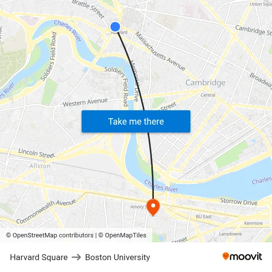 Harvard Square to Boston University map