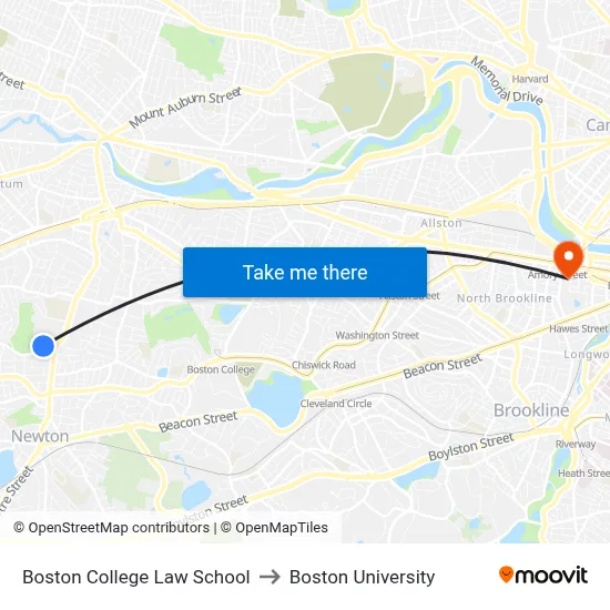 Boston College Law School to Boston University map