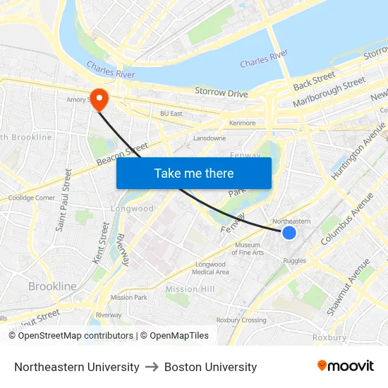 Northeastern University to Boston University map