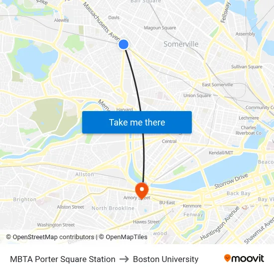 MBTA Porter Square Station to Boston University map
