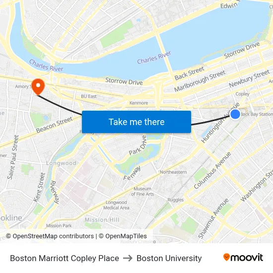 Boston Marriott Copley Place to Boston University map