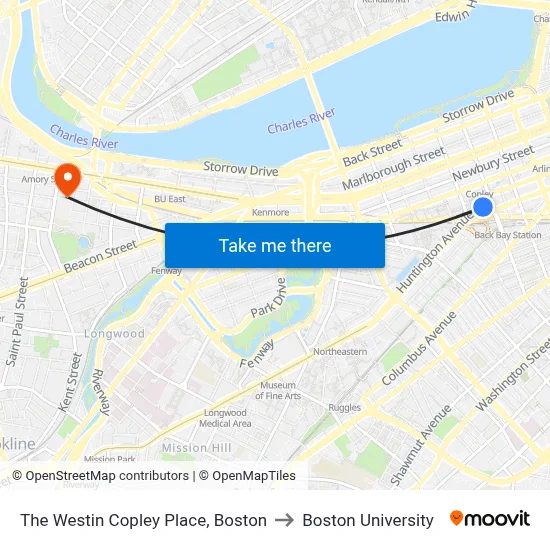 The Westin Copley Place, Boston to Boston University map