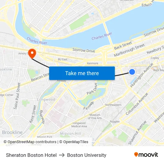 Sheraton Boston Hotel to Boston University map