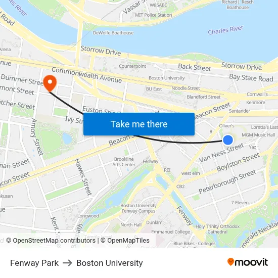 Fenway Park to Boston University map