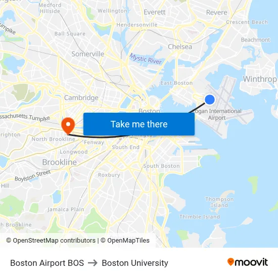 Boston Airport BOS to Boston University map