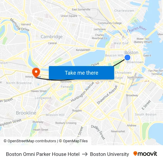Boston Omni Parker House Hotel to Boston University map