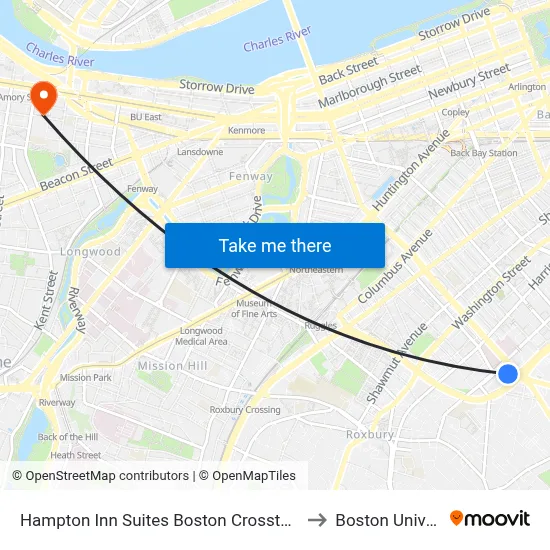 Hampton Inn Suites Boston Crosstown Center to Boston University map