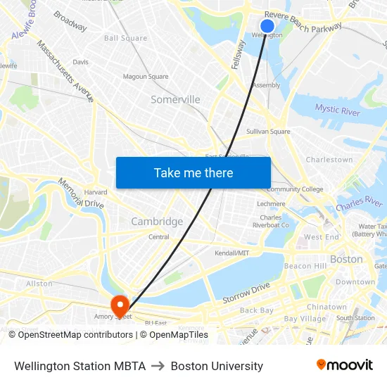 Wellington Station MBTA to Boston University map