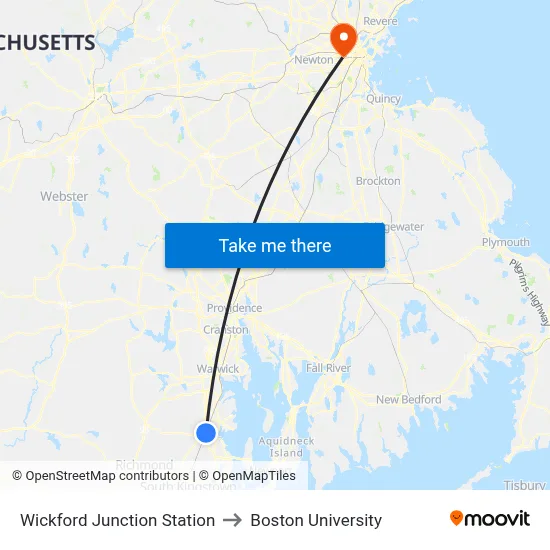 Wickford Junction Station to Boston University map