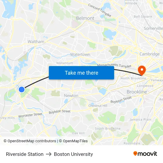 Riverside Station to Boston University map