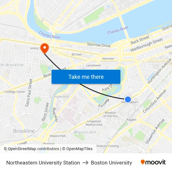 Northeastern University Station to Boston University map