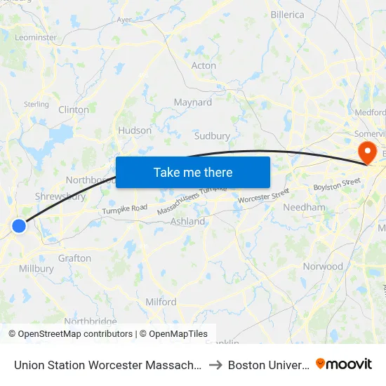 Union Station Worcester Massachusetts to Boston University map