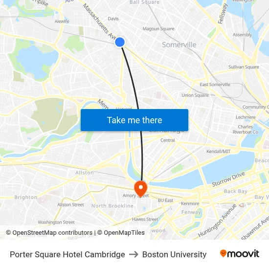 Porter Square Hotel Cambridge to Boston University map