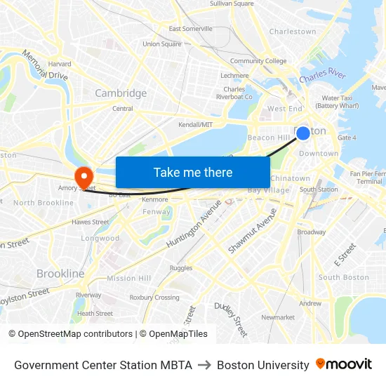 Government Center Station MBTA to Boston University map