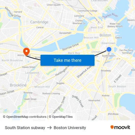South Station subway to Boston University map