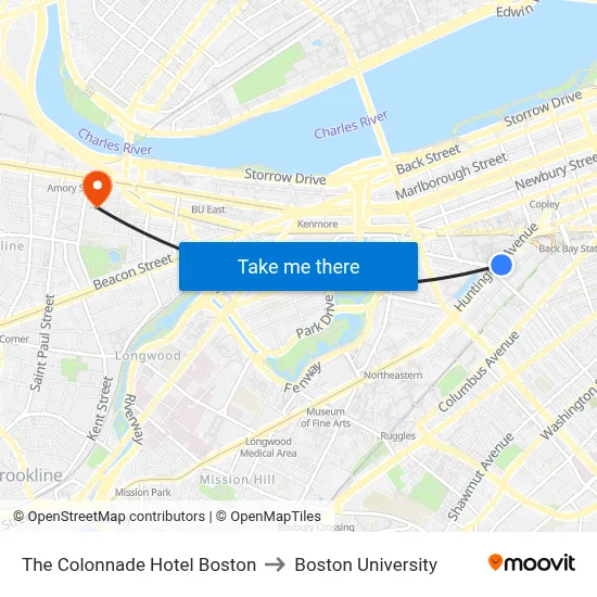 The Colonnade Hotel Boston to Boston University map