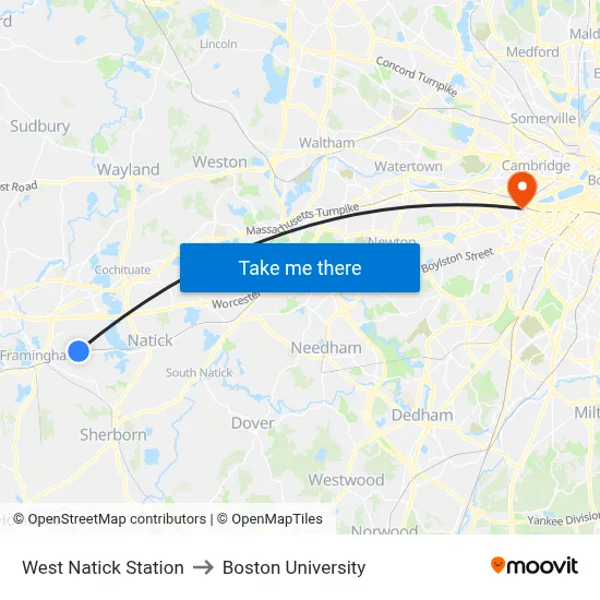 West Natick Station to Boston University map