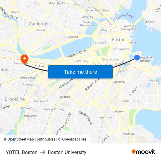 YOTEL Boston to Boston University map
