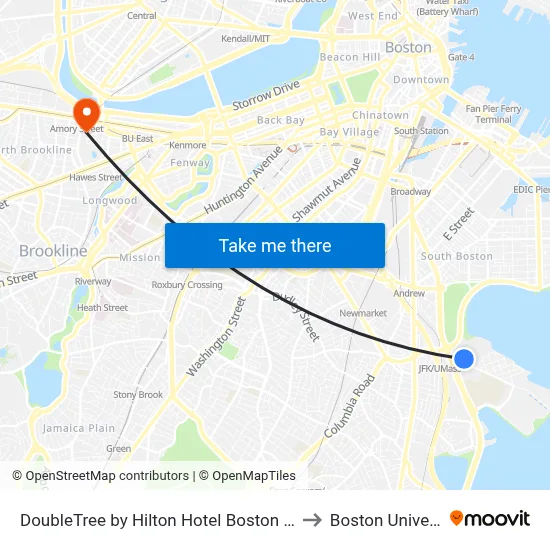 DoubleTree by Hilton Hotel Boston Bayside to Boston University map