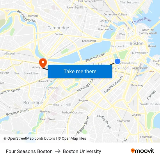 Four Seasons Boston to Boston University map