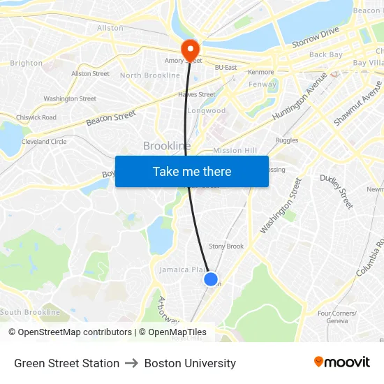 Green Street Station to Boston University map