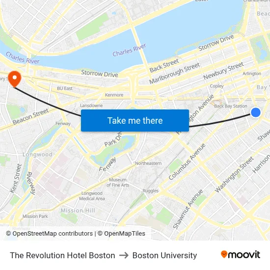 The Revolution Hotel Boston to Boston University map
