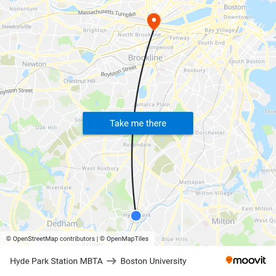 Hyde Park Station MBTA to Boston University map